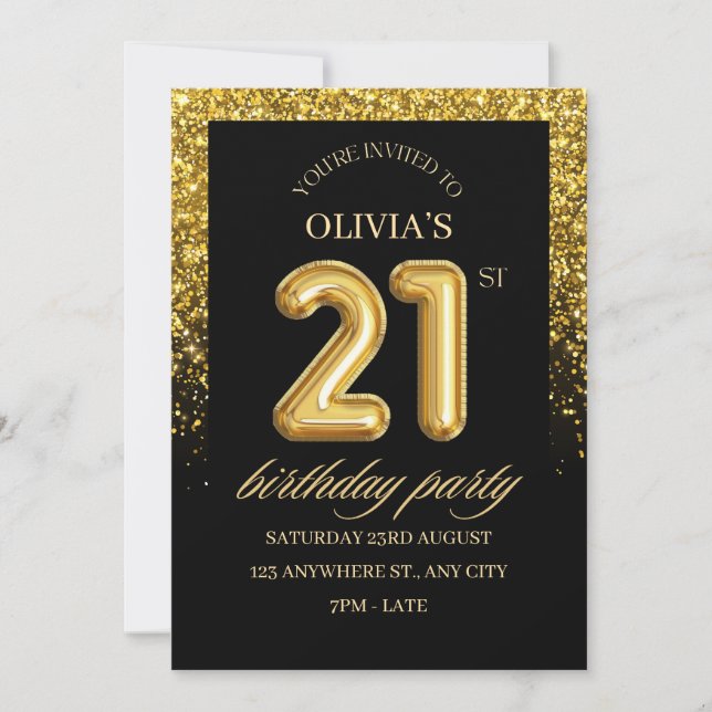 Invitación Fiesta de cumpleaños 21 con brillo negro y dorado  (Anverso)