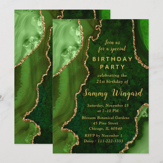 Invitación Fiesta de Cumpleaños 21 con Canicas de Ágata Verde (Anverso / Reverso)