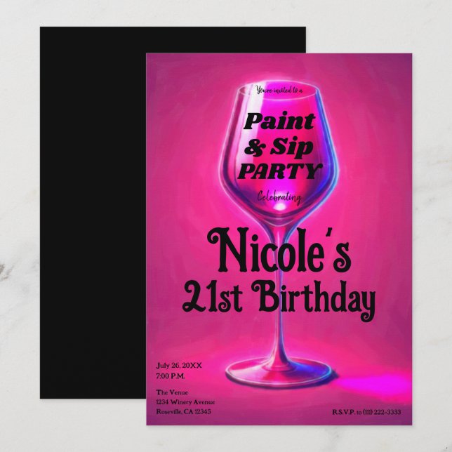 Invitación Fiesta de cumpleaños 21 con copa de vino rosado y  (Anverso / Reverso)