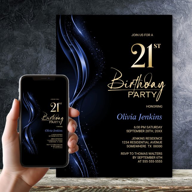 Invitación Fiesta de Cumpleaños 21 con Estilo Negro y Azul (Subido por el creador)