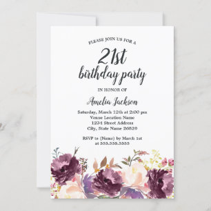 Invitación Fiesta de cumpleaños 21 con Floral Bloom Purple Wa