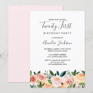 Invitación Fiesta de cumpleaños 21 con floral de acuarela ton