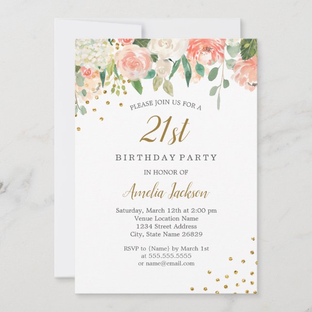 Invitación Fiesta de Cumpleaños 21 con Flores Acuarela Dorado (Anverso)