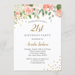 Invitación Fiesta de Cumpleaños 21 con Flores Acuarela Dorado