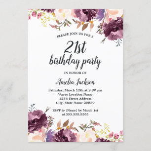 Invitación Fiesta de cumpleaños 21 con flores de agua púrpura