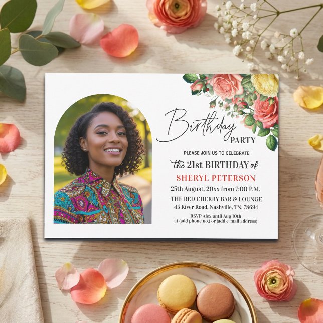 Invitación Fiesta de cumpleaños 21 con flores elegantes y fot (Subido por el creador)