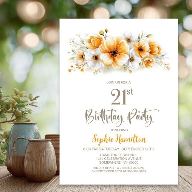 Invitación Fiesta de cumpleaños 21 con flores naranjas (Subido por el creador)