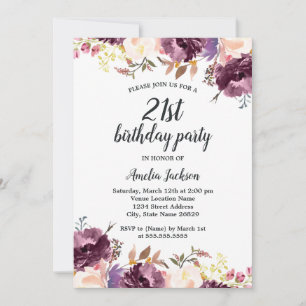 Invitación Fiesta de Cumpleaños 21 con Flores Purpura de Acua