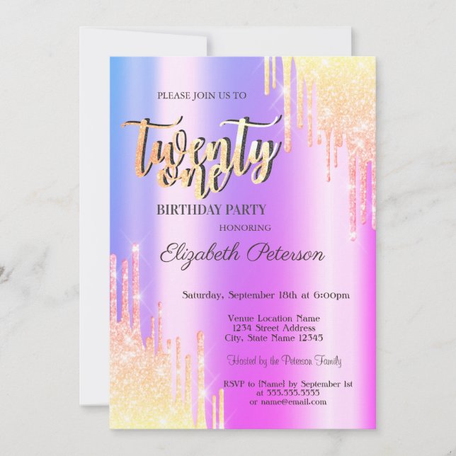 Invitación Fiesta de cumpleaños 21 con gotas de brillo ombre  (Anverso)