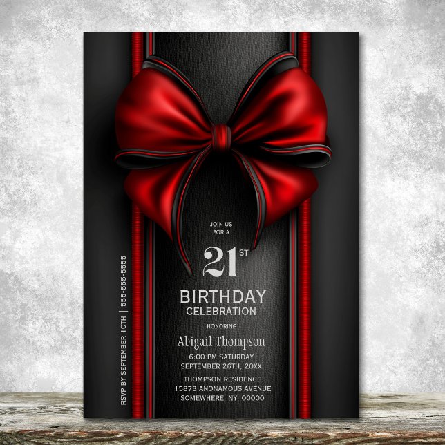 Invitación Fiesta de cumpleaños 21 con lazo rojo elegante (Subido por el creador)