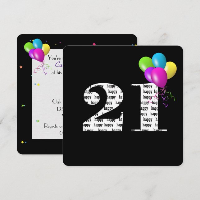 Invitación Fiesta de cumpleaños 21 con ramo de globos (Anverso / Reverso)