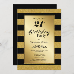 Invitación Fiesta de cumpleaños 21 con rayas de oro negro