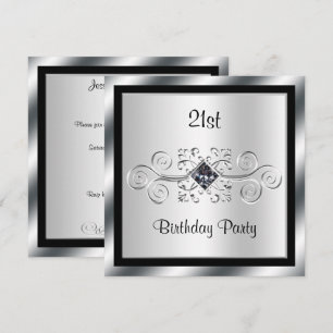 Invitación Fiesta de cumpleaños 21 con remolinos de plata y d
