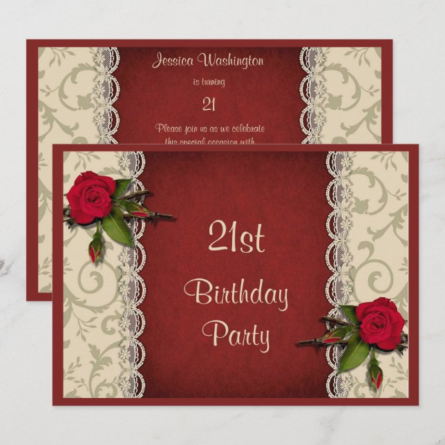 Invitación Fiesta de cumpleaños 21 con rosas rojas y encaje b (Anverso / Reverso)