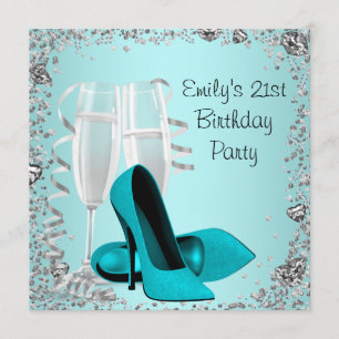 Invitación Fiesta de cumpleaños 21 con tacones altos y cóctel