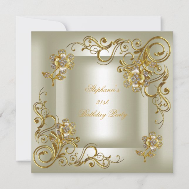 Invitación Fiesta de cumpleaños 21 crema oro diamante (Anverso)