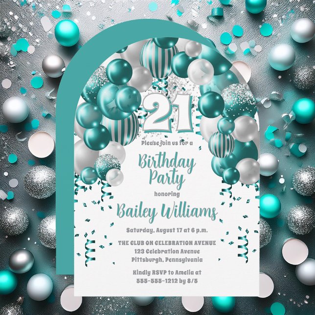 Invitación Fiesta de cumpleaños 21 de Aqua Celebration Globon (Aqua | Silver Balloons "21" 21st Birthday Party Invitations - Print and/or Download Available)