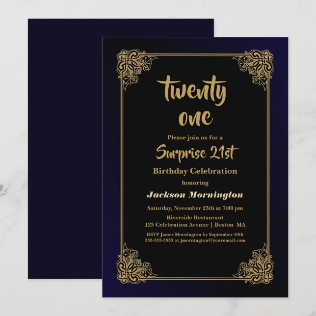 Invitación Fiesta de cumpleaños 21 de Black and Gold Surprise (Anverso / Reverso)