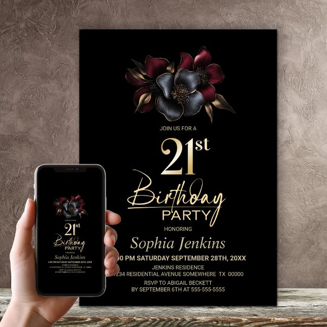 Invitación Fiesta de cumpleaños 21 de Black Burgundy Gray Flo (Subido por el creador)
