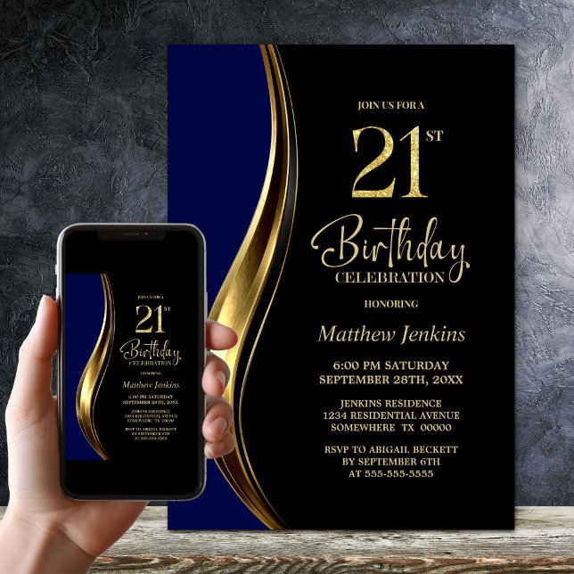 Invitación Fiesta de Cumpleaños 21 de Black Gold Blue (Subido por el creador)