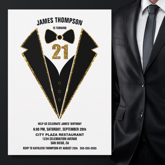 Invitación Fiesta de cumpleaños 21 de Black Gold Tuxedo (Subido por el creador)