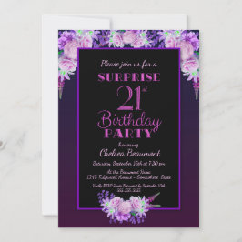 Invitación Fiesta de cumpleaños 21 de Black & Purple Floral S