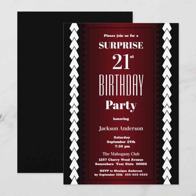 Invitación Fiesta de cumpleaños 21 de Black Red and White Sur (Anverso / Reverso)