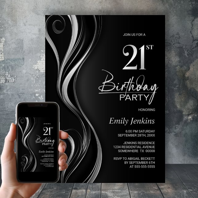 Invitación Fiesta de cumpleaños 21 de Black Silver moderno (Subido por el creador)