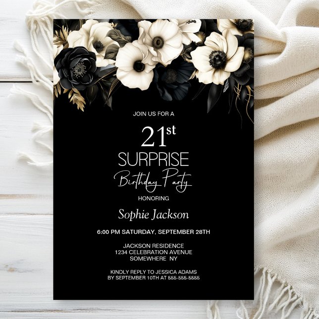 Invitación Fiesta de cumpleaños 21 de Black White Floral Surp (Subido por el creador)