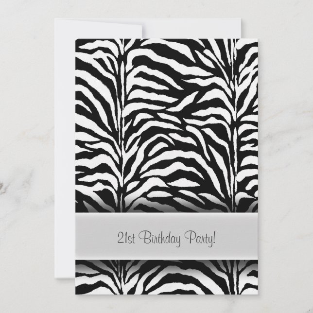 Invitación Fiesta de cumpleaños 21 de Black White Zebra (Anverso)