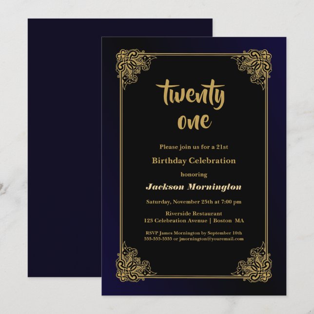 Invitación Fiesta de cumpleaños 21 de Blue Border Black (Anverso / Reverso)