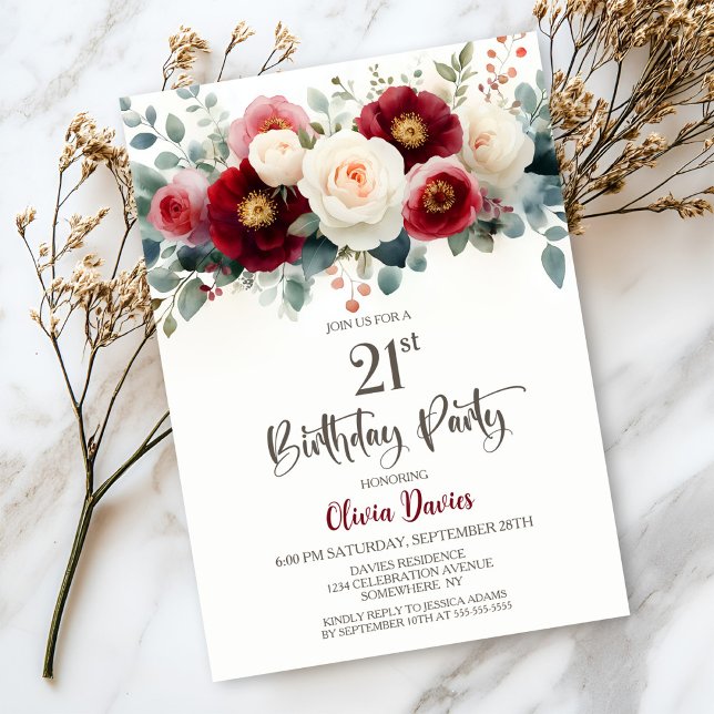 Invitación Fiesta de cumpleaños 21 de Borgoña y Floral blanca (Subido por el creador)