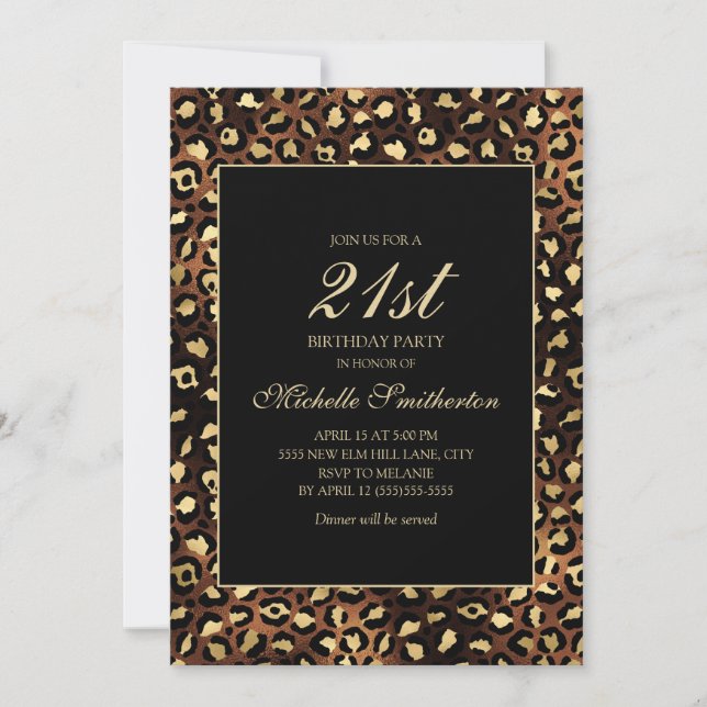 Invitación Fiesta de cumpleaños 21 de Bronze Gold Black Leopa (Anverso)