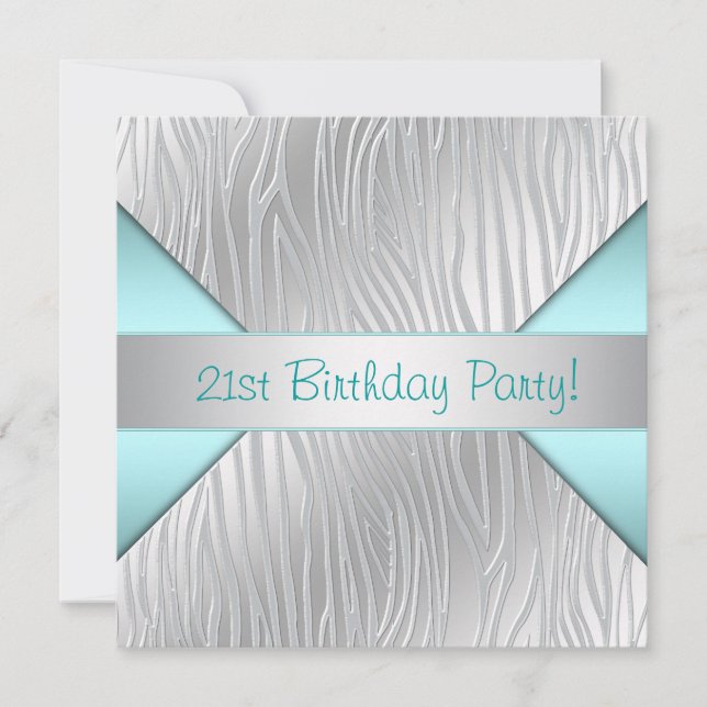 Invitación Fiesta de cumpleaños 21 de cebra azul teal (Anverso)