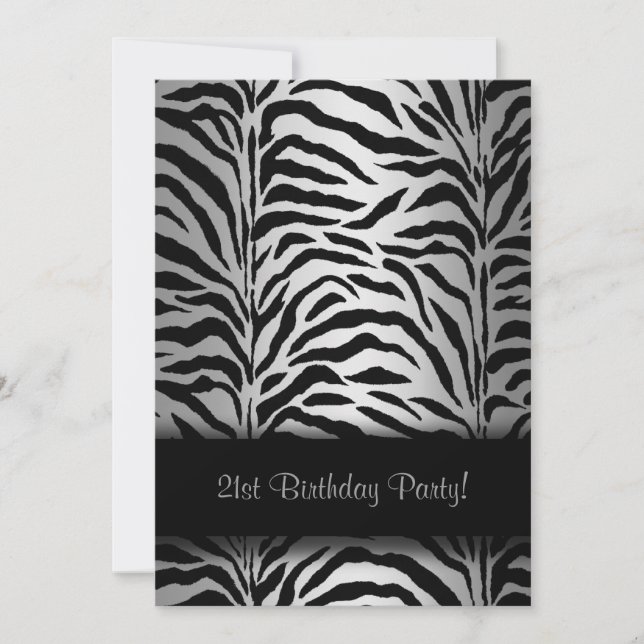 Invitación Fiesta de cumpleaños 21 de cebra plateada y negra (Anverso)
