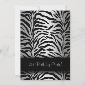Invitación Fiesta de cumpleaños 21 de cebra plateada y negra