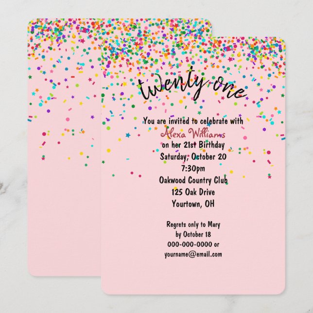Invitación fiesta de cumpleaños 21 de confetti (Anverso / Reverso)