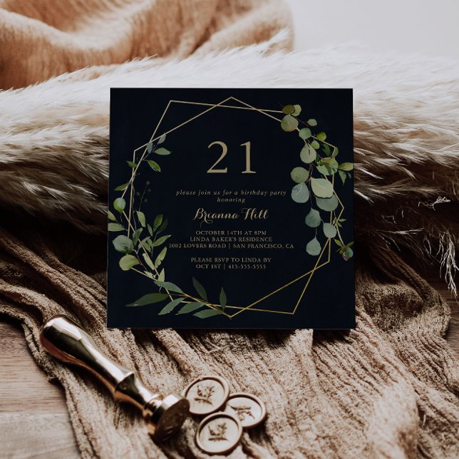 Invitación Fiesta de cumpleaños 21 de Geometric Gold Blue Gre (Subido por el creador)