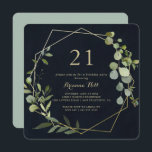 Invitación Fiesta de cumpleaños 21 de Geometric Gold Blue Gre<br><div class="desc">Esta geométrica invitación a la fiesta de cumpleaños 21 verde azul oro es perfecta para una simple celebración de cumpleaños. El diseño está decorado con hermosas hojas verdes pintadas a mano en un fondo azul oscuro,  adornando un marco geométrico dorado.</div>