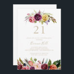 Invitación Fiesta de cumpleaños 21 de Gold Feather Boho Flora<br><div class="desc">Esta minimalista invitación a la fiesta de cumpleaños 21,  de plumas doradas,  es perfecta para un evento moderno. El diseño está formado por plumas salvajes marrones pintadas a mano,  flores amarillas,  blancas,  violetas,  rosas,  ruidosas,  burdeos y bayas azules dispuestas en bonitos ramos.</div>