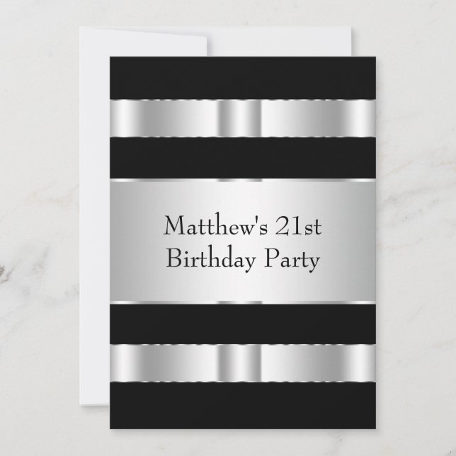 Invitación Fiesta de cumpleaños 21 de hombre negro y plata (Anverso)