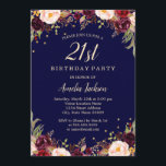 Invitación Fiesta de cumpleaños 21 de la Marina Borgoña Elega<br><div class="desc">Más invitaciones florales de cumpleaños en la Pequeña Tienda Bayleigh!</div>