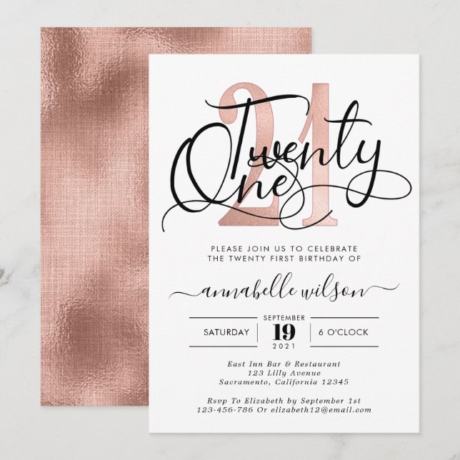 Invitación Fiesta de cumpleaños 21 de la moda Rose Gold (Anverso / Reverso)