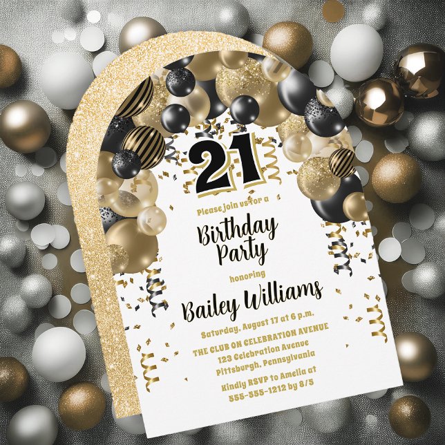 Invitación Fiesta de cumpleaños 21 de los Globos de Oro Negro (Black | Gold Balloons "21" 21st Birthday Party Invitations - Print and/or Download Available)