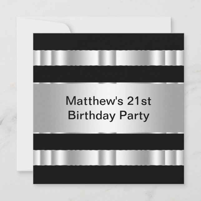 Invitación Fiesta de cumpleaños 21 de Mans Black Silver (Anverso)