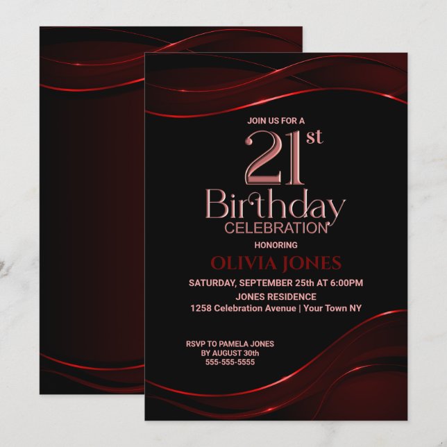 Invitación Fiesta de cumpleaños 21 de Modern Black Red (Anverso / Reverso)