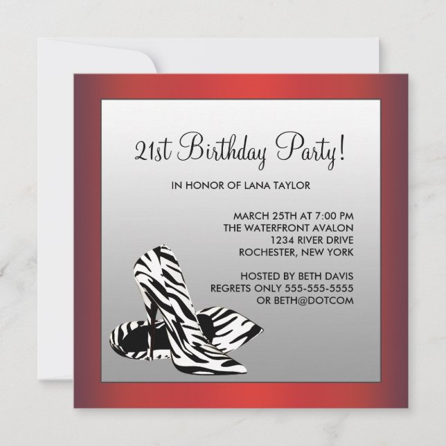 Invitación Fiesta de cumpleaños 21 de mujer cebra roja (Anverso)