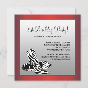 Invitación Fiesta de cumpleaños 21 de mujer cebra roja