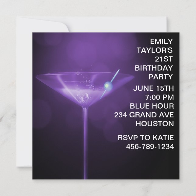 Invitación Fiesta de cumpleaños 21 de mujer Martini Morado (Anverso)