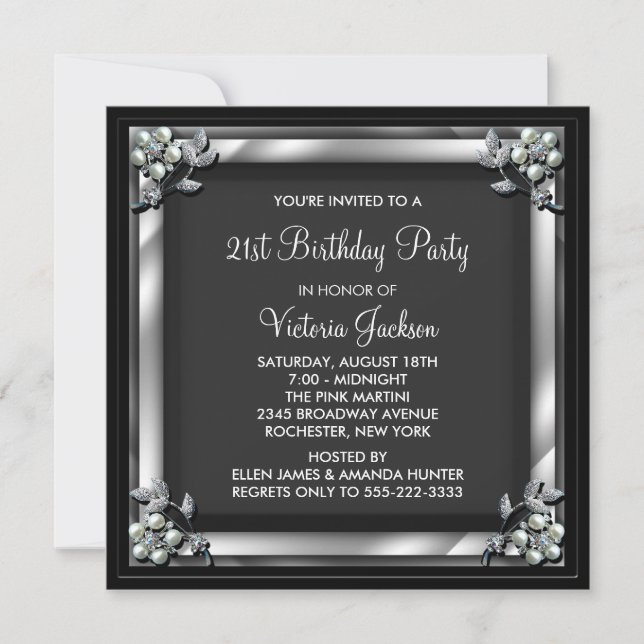 Invitación Fiesta de cumpleaños 21 de mujer Perla Negra (Anverso)